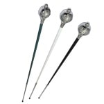 Three drum major maces with metal domes and crowns and different colored fiberglass shafts (blue, white, and black)