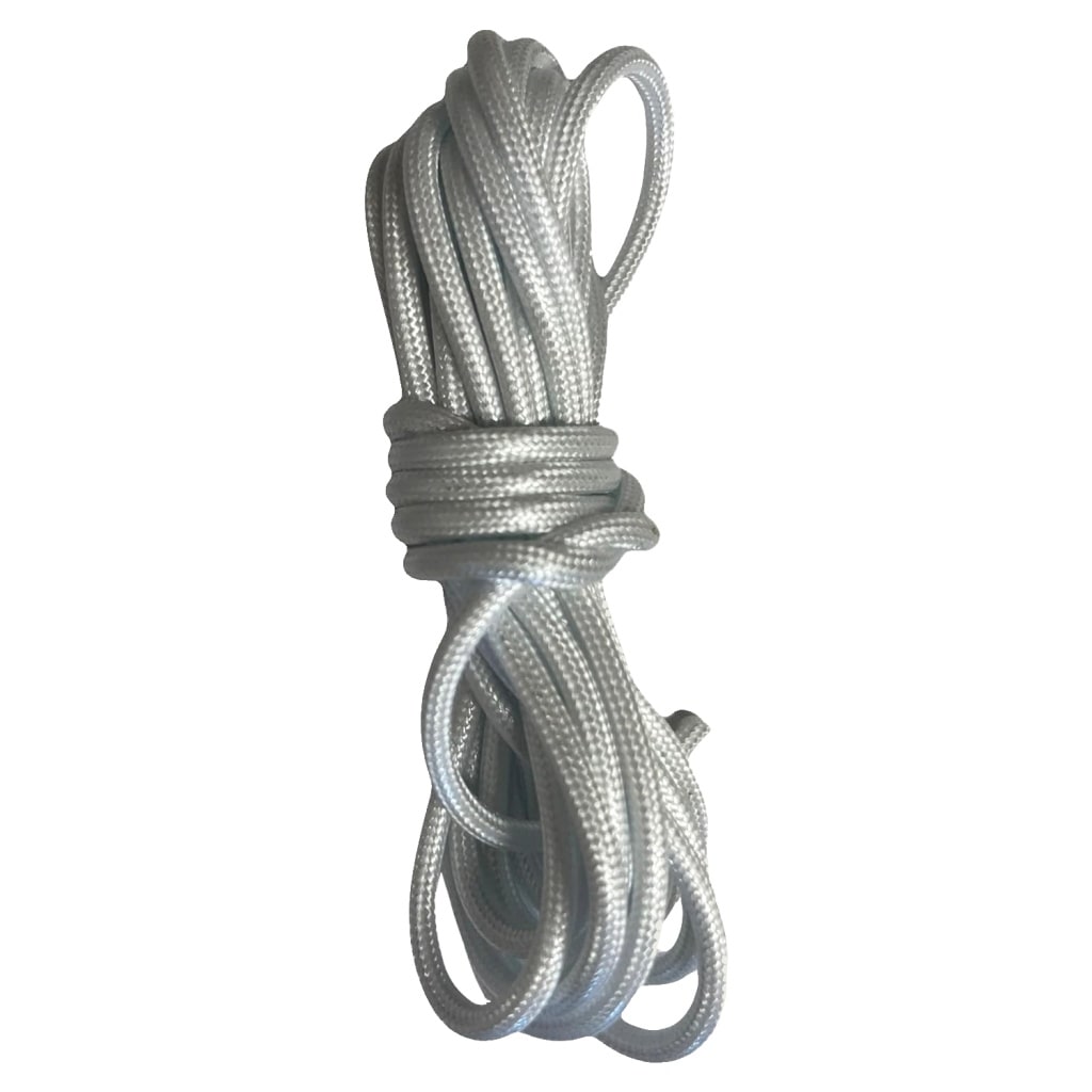 White glossy cord that can be tied onto a a drum major mace for better grip