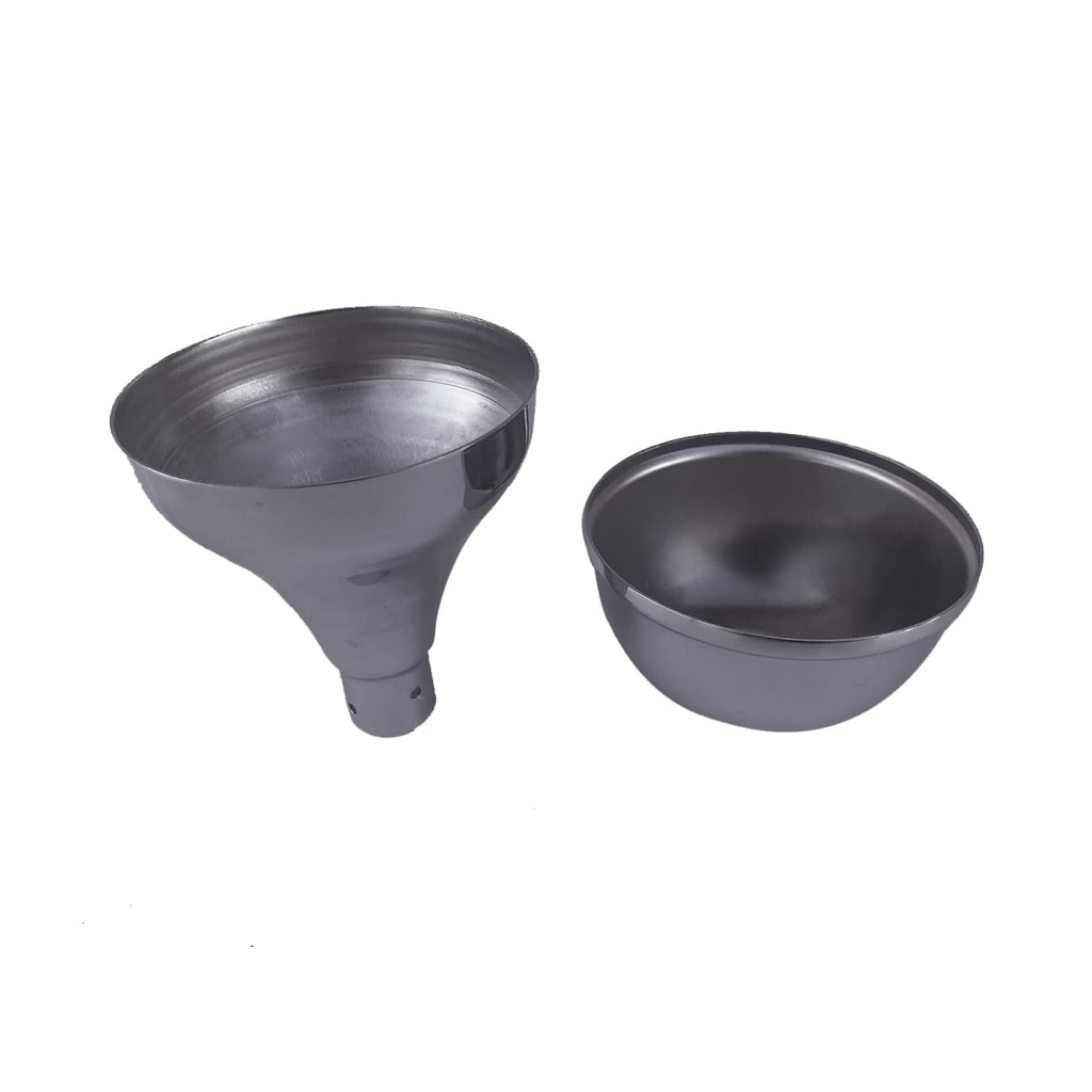 A metal dome that can be installed on a drum major mace is split into two halves.