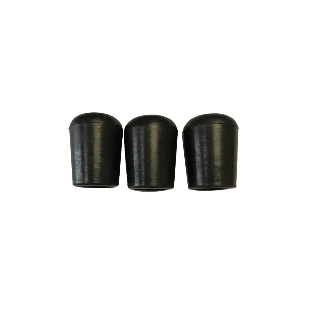 A set of three rubber replacement tips in side profile that protects the bottom of a drum major mace