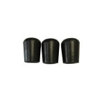 A set of three rubber replacement tips in side profile that protects the bottom of a drum major mace
