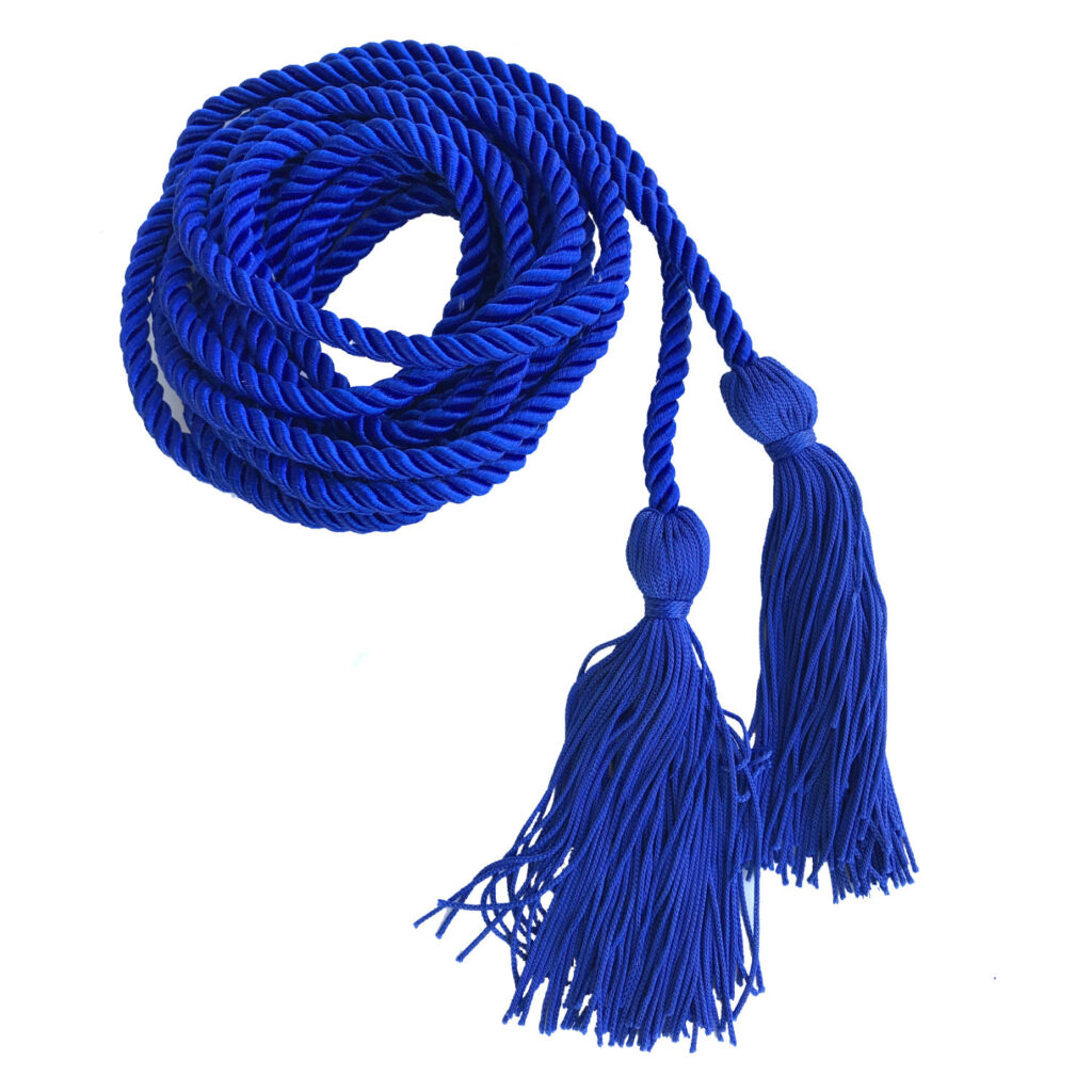 A blue braided cord coiled in a pile with two tassels on each end.