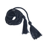 A black braided cord coiled in a pile with two tassels on each end.