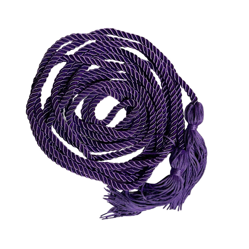 A purple braided cord coiled in a pile with two tassels on each end.