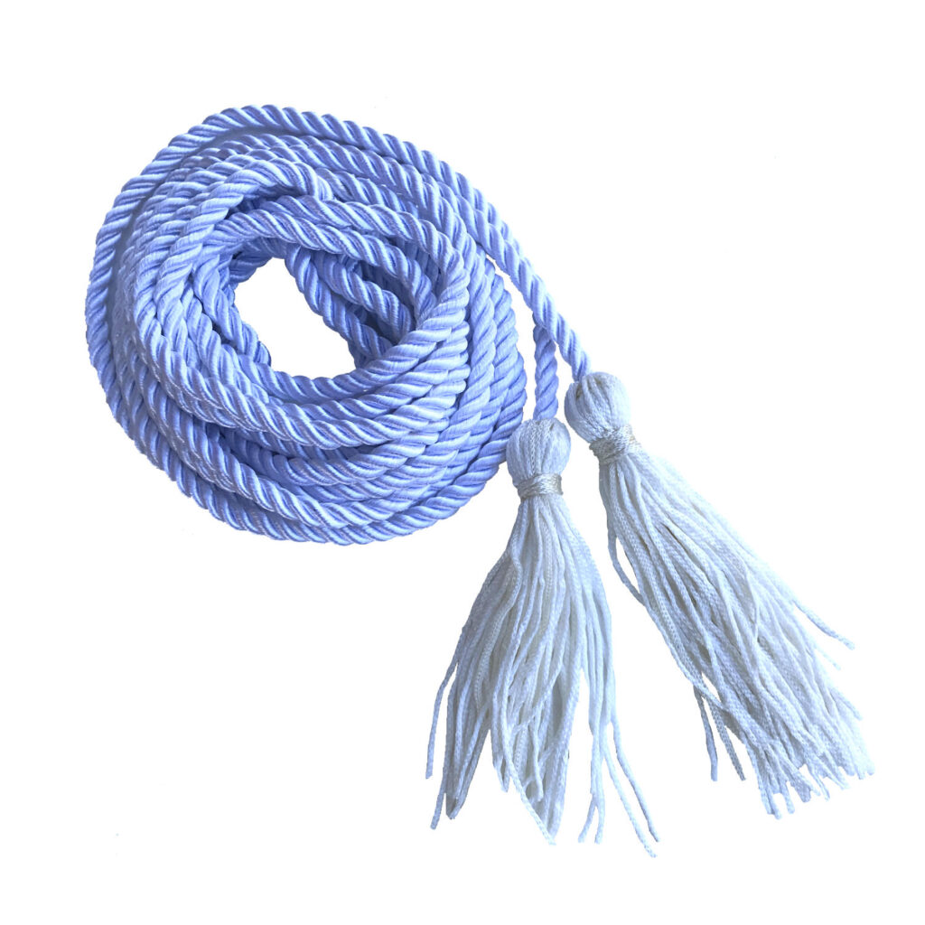 A white braided cord coiled in a pile with two tassels on each end.