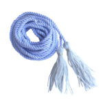 A white braided cord coiled in a pile with two tassels on each end.